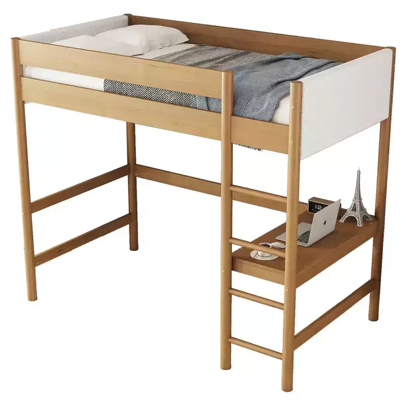 Modern Rubberwood Twin Size Loft Bed with Desk and Boucle Upholstered Headboard