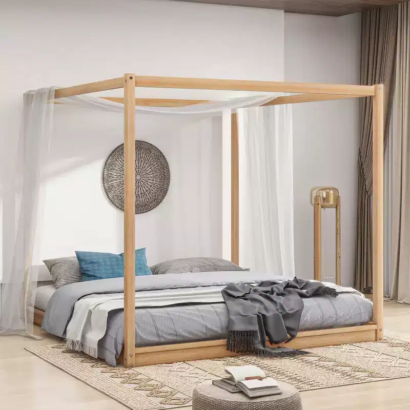 Canopy Platform Bed, Wooden Bed Frame with Low Base Support Legs, Easy Assembly, for Kids Boys Girls Teens