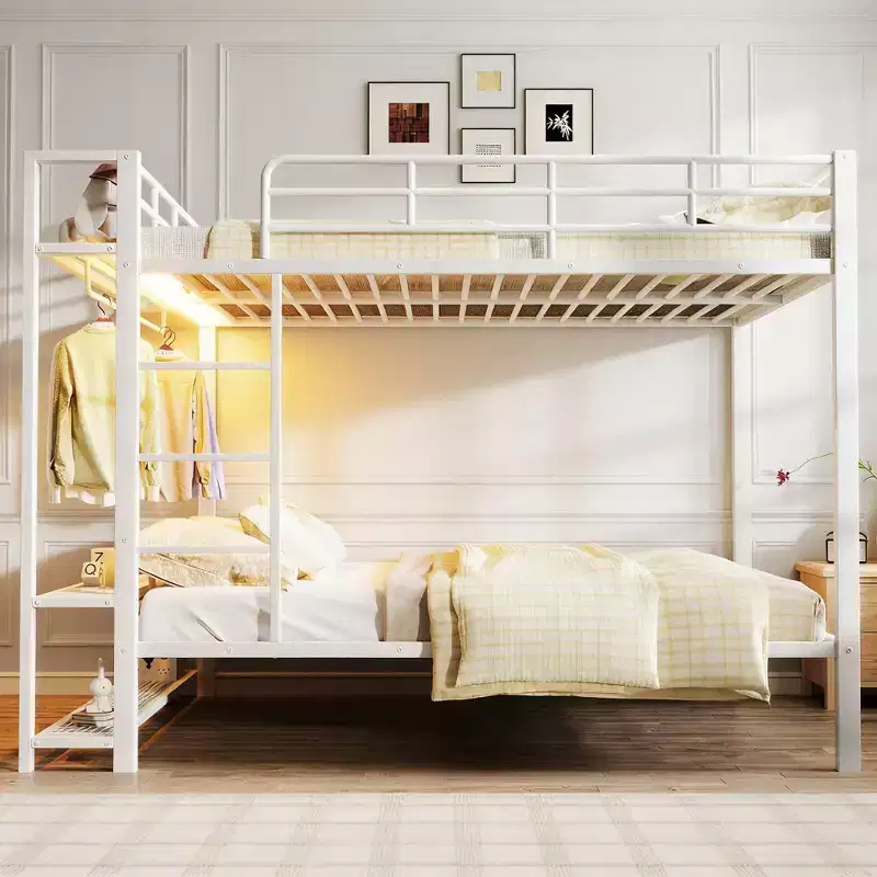 Luxystar Full Size Metal Bunk Bed with 3 Storage Mesh Shelves, 2 Clothes Hooks and LED