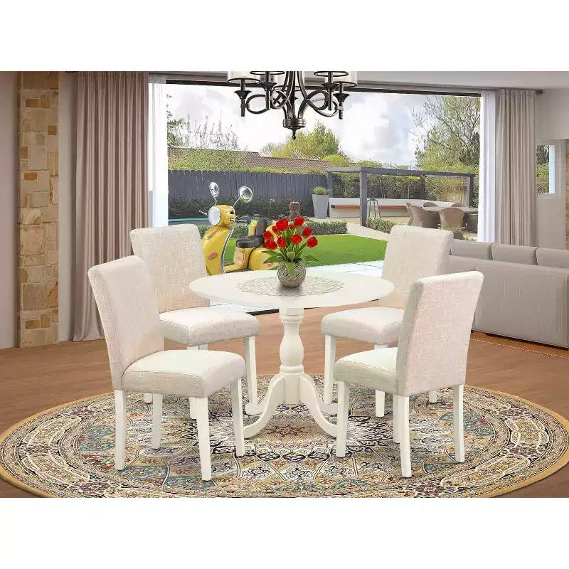 HomeStock Belmont 5 Piece Modern Dining Table Set 1 Drop Leaves Dining Table and 4 Light Beige Linen Fabric Dining Room Chairs - Linen White Finish