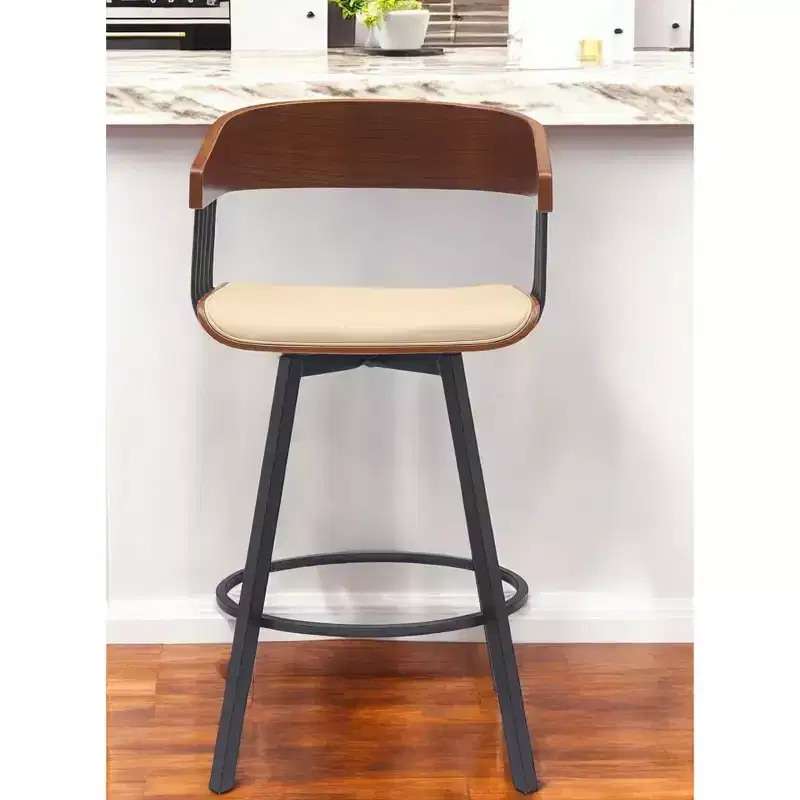 HomeRoots 27 Cream and Black Faux Leather with Metal Swivel Counter Height Bar Chair