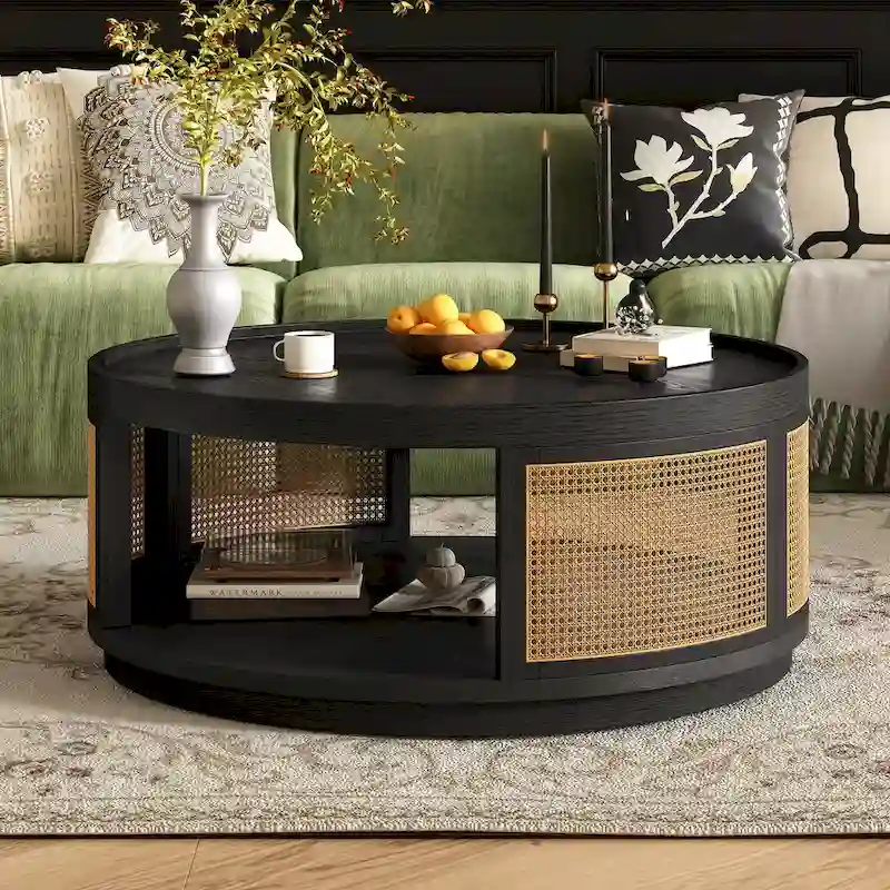 36.8 Wooden Mid-Century Modern Coffee Table, Round Cane Coffee Table with PE Rattan Side
