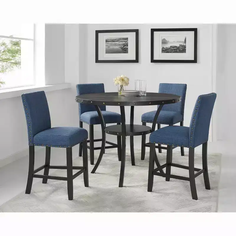 Roundhill Furniture Biony Espresso Wood Counter Height Dining Set with Blue Fabric Nailhead Stools