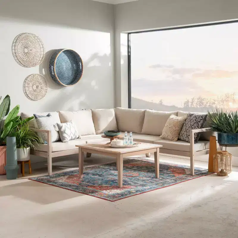 Linon 4pc Melita Acacia Sectional & Coffee Table Beige