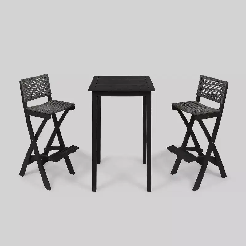 Polaris 3pc Wood and Wicker 26" Square Bar Set Dark Gray - Christopher Knight Home: Weather-Resistant Patio Dining Set with 2 Stools
