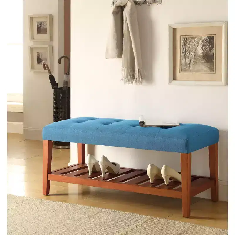 Light Blue Fabric & Oak Finish storage Benches