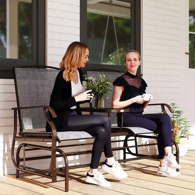 2-Person Outdoor Patio Glider Bench with Center Table Mesh Fabric Rocking Chair Grey