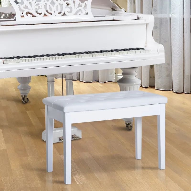 Traditional Country Birchwood Faux Leather Padded 2 Person Piano Bench - White
