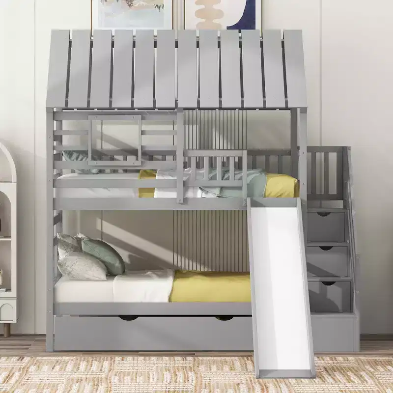 Whisen Twin over Twin House Bunk Bed with Trundle and Slide, Storage Staircase, Roof and Window Design