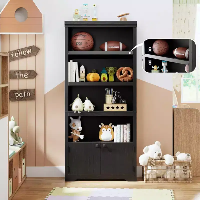 5 Tier Bookshelf, 69'' Tall Farmhouse Bookcase with 2 Doors & Adjustable Shelves - 31.5 W Open Display Storage Rack for Study, Living Room, Black