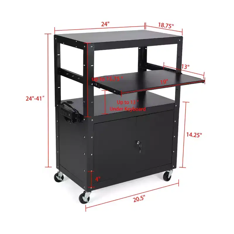 Rolling AV Cart with Lockable Cabinet, 24-42 Height Adjustable, Non-Slip Mat, 100-Pound Capacity, Mobile Workstation with Extra Storage
