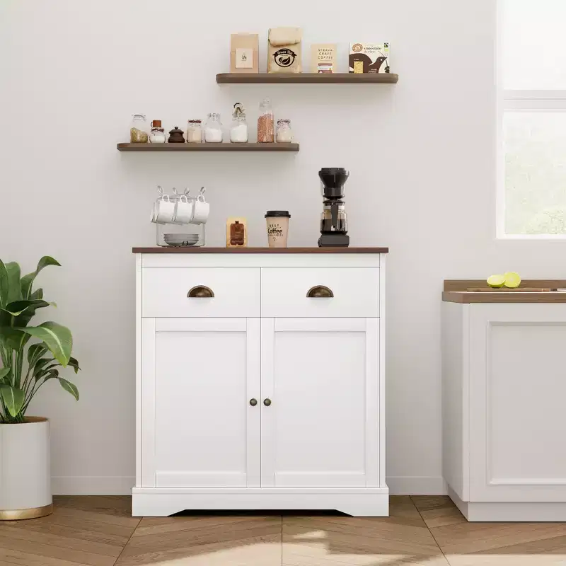 COZONY Modern Farmhouse Coffee Bar Cabinet 31.5, Kitchen Sideboard Buffet with 2 Drawers, Double Door Storage Cabinet with Adjustable Shelf