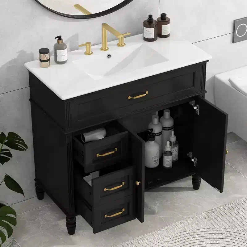 36 Black Bathroom Vanity Sink Combo with Storage , Wood Bathroom Floor Cabinet with Drawers for Small Space
