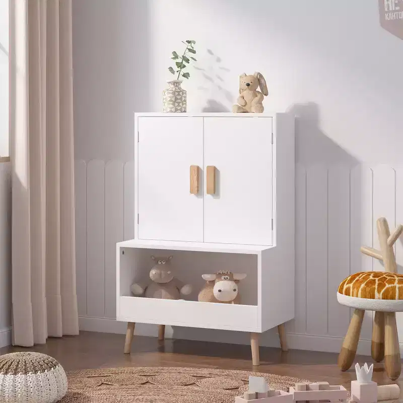 Kids Toy Storage Cabinet with Doors and Open Shelf, Modern Organizer with Natural Wood Legs - White