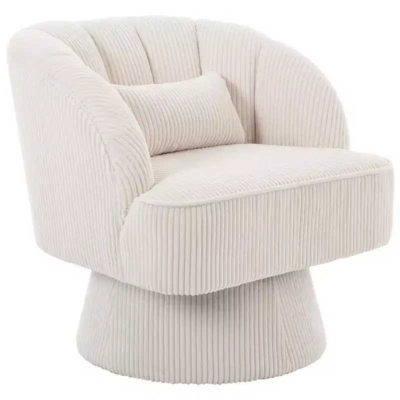 Ultra-Plush Swivel Accent Chair  360 Barrel Lounge with Cloud Padding, Striped Back, Corduroy  Beige