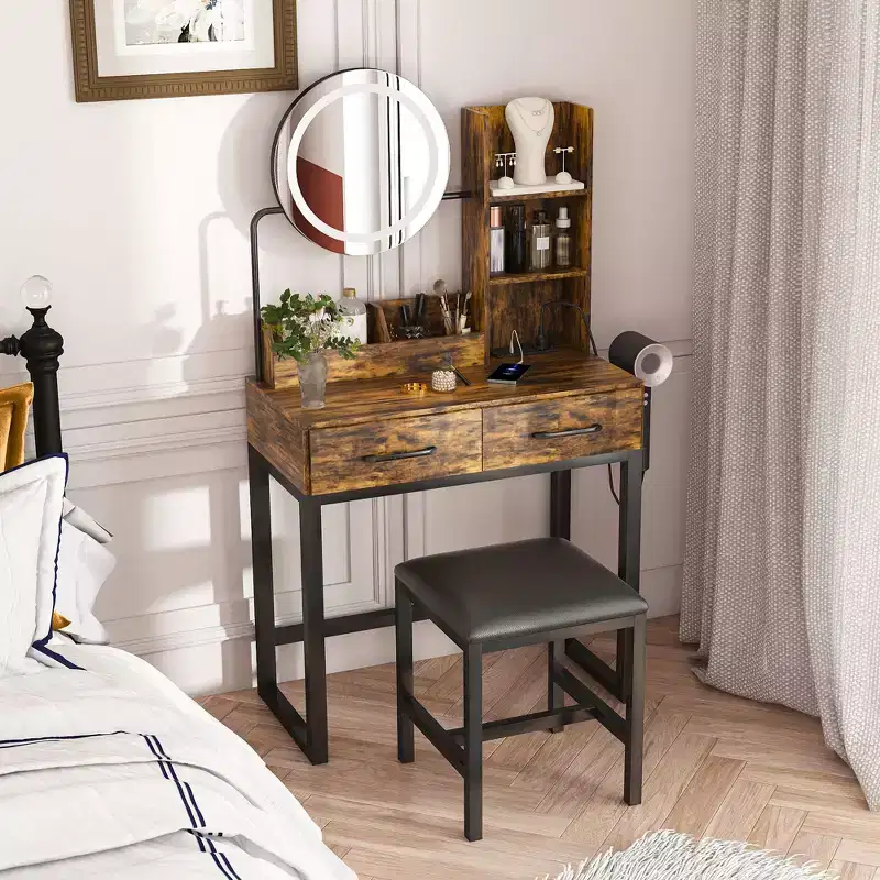 Okak Modern Vanity Table with Round Mirror & LED Lights,Storage Dressing Desk with Chair & Power Outlet,Makeup Table Set for Bedrooms