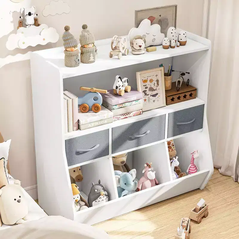 SUGIFT Kids Bookshelf Cube Organizer Shelf and Toy Storage with Fabric Bins Front-Facing Book Rack Wooden Organizer for Playroom Nursery
