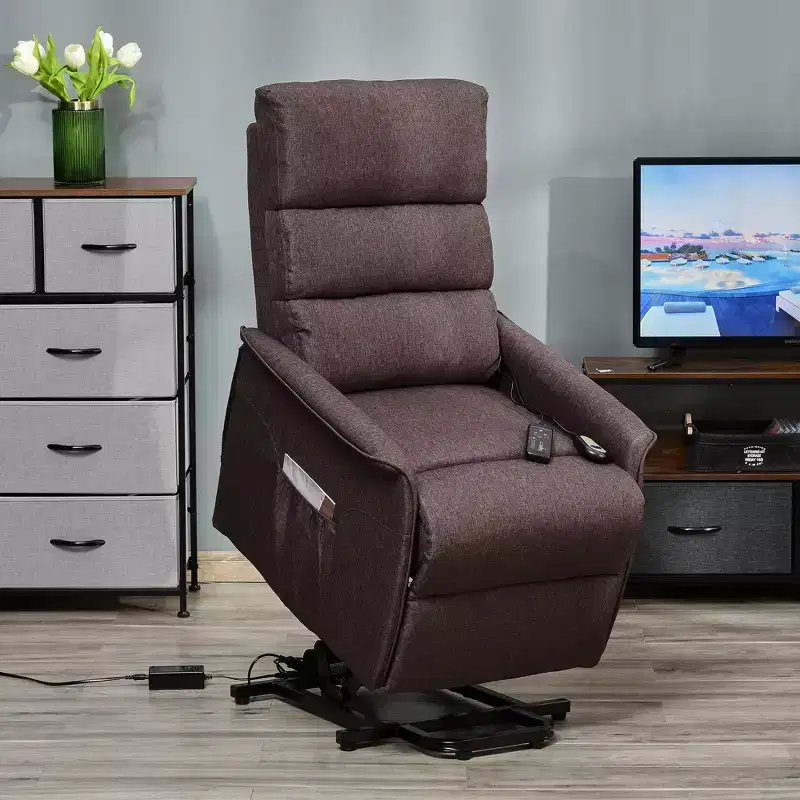 Power Lift Chair with Vibration Massage, Fabric Upholstered Recliner for Elderly with Remote Control and Side Pockets, Brown
