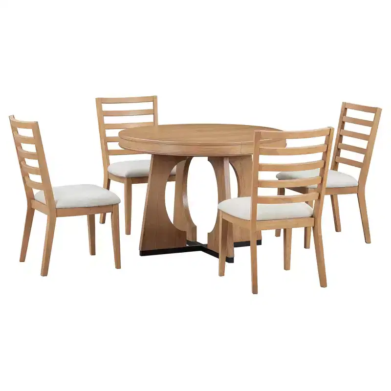 Whisen 5-Piece Retro Rustic Functional Dining Set with 1 Extendable Table and 4 Upholstered Chairs