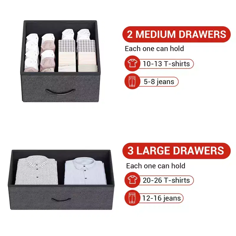 5 Drawer Dresser for Bedroom, Storage Organizer with Fabric Bins, Wood Top, Sturdy Steel Frame, Easy Pull Handle