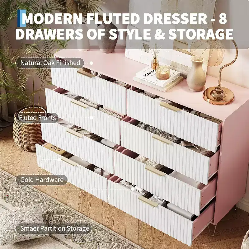 8-Drawer Fluted Wooden Dresser with Metal Handles