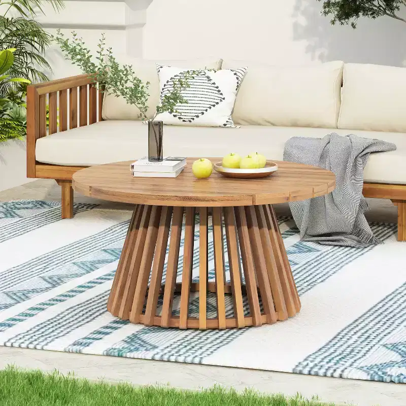 Acacia Wood Round Patio Coffee Table, Outdoor Wooden Accent Table with Unique Striped Base