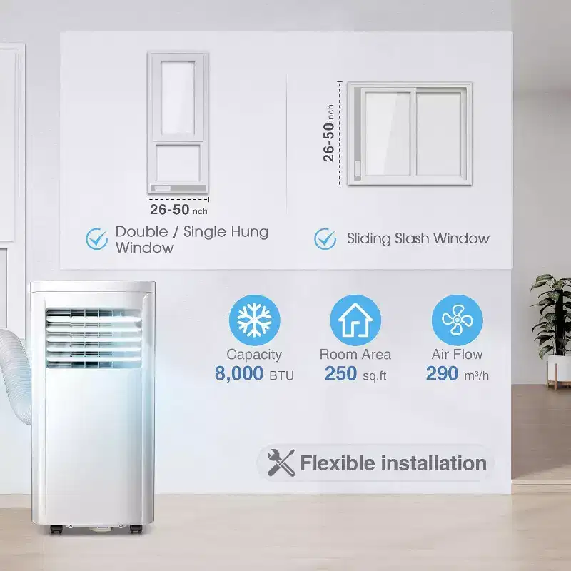 R.W.FLAME 8,000 BTU Portable Air Conditioner with Remote Control, 3-in-1 Air Conditioner with Digital Display,24Hrs Timer,Installation Kit for Home