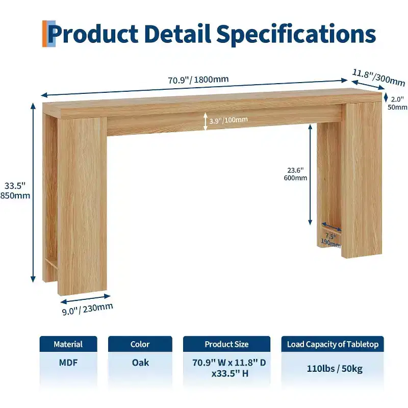 70.9 Rustic Farmhouse Console Table, Oak Finish Wooden Accent Table for Entryway Living Room Hallway Foyer, Easy Assembly