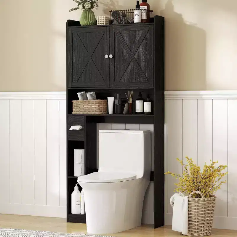 Toilet Bathroom Organizer with Barn Doors, Adjustable Shelf, Toilet Paper Holder