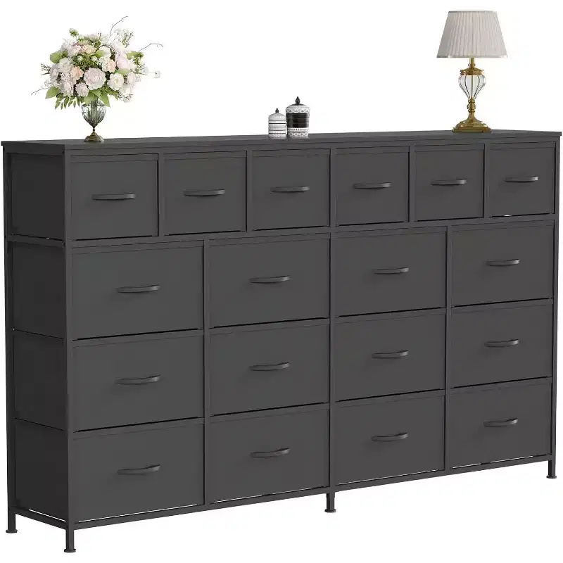 63W Dresser with 18 Fabric Drawers & Charging Station, Large Bedroom Dresser with Steel Frame and Wood Top
