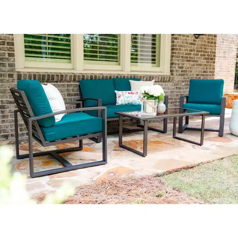 Leisure Made Jasper 4pc Aluminum Seating in Peacock Fabric