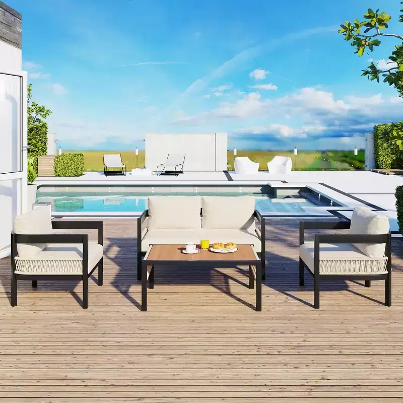Multi-person Outdoor Iron Sofa Set with A table, Rattan Decoration, Waterproof, Rust-proof, Suitable for Garden, Lawn Use
