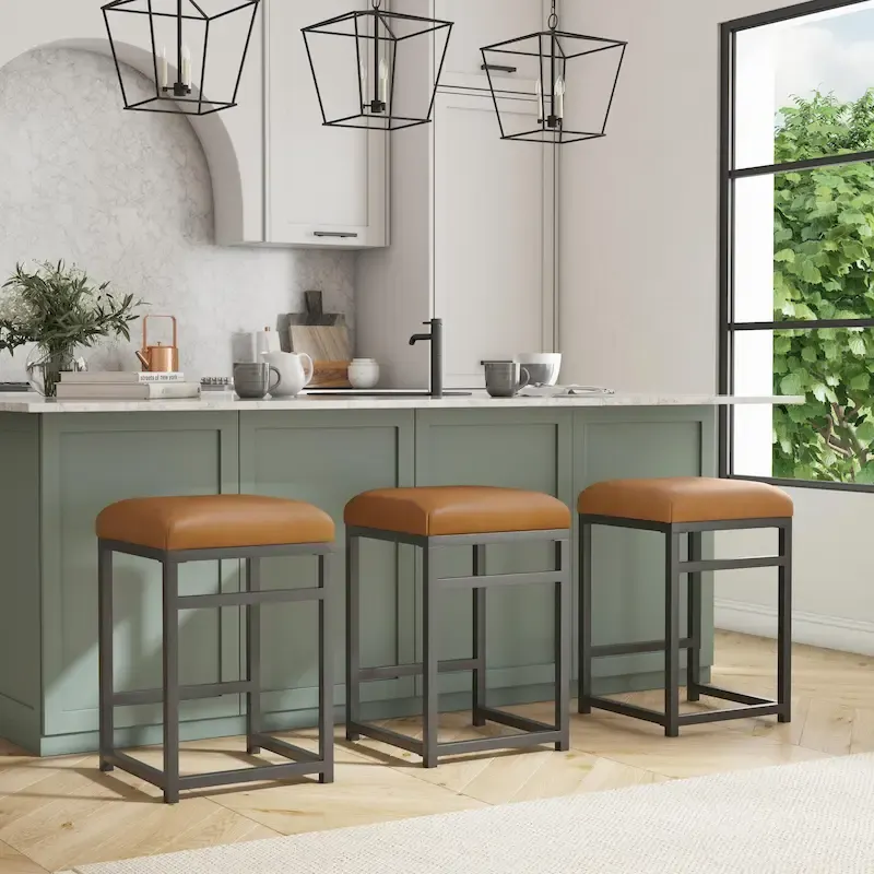 Backless Industrial Metal Counter Stool, 24in Seat Height, Textured Weave Fabric, Black Finish