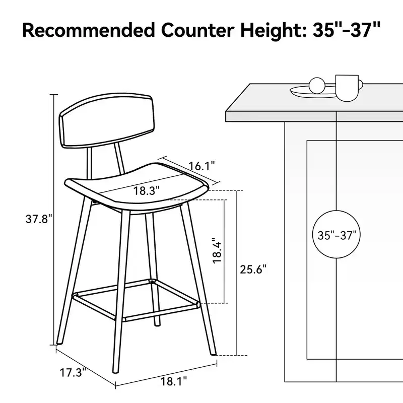 Dyonery Counter Height Bar Stools, 25.6 Faux Leather Barstools with Back, Waterproof Upholstery, Sturdy Metal Frame for Kitchen Island, Rustic Grey