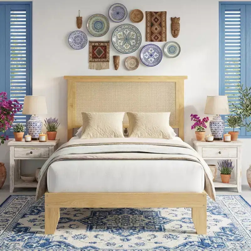 Rattan Bed Frame, Bohemian Rattan Bed Frame Twin with Natural Headboard, LED Lights, No Box Spring Needed