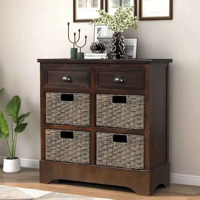 Storage Cabinet with 2 Drawers and 4 Rattan Baskets