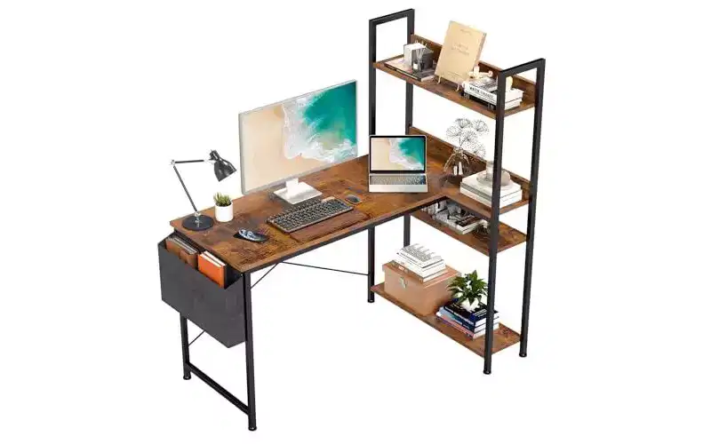 Reversible L-Shaped Computer Desk with Adjustable Bookshelf and Storage