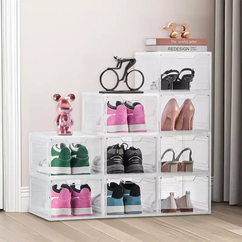 Shoe Storage Boxes, Clear Stackable Shoe Boxes Storage Organizers with Magnetic Door, Fit up to US Size 13, Transparent White