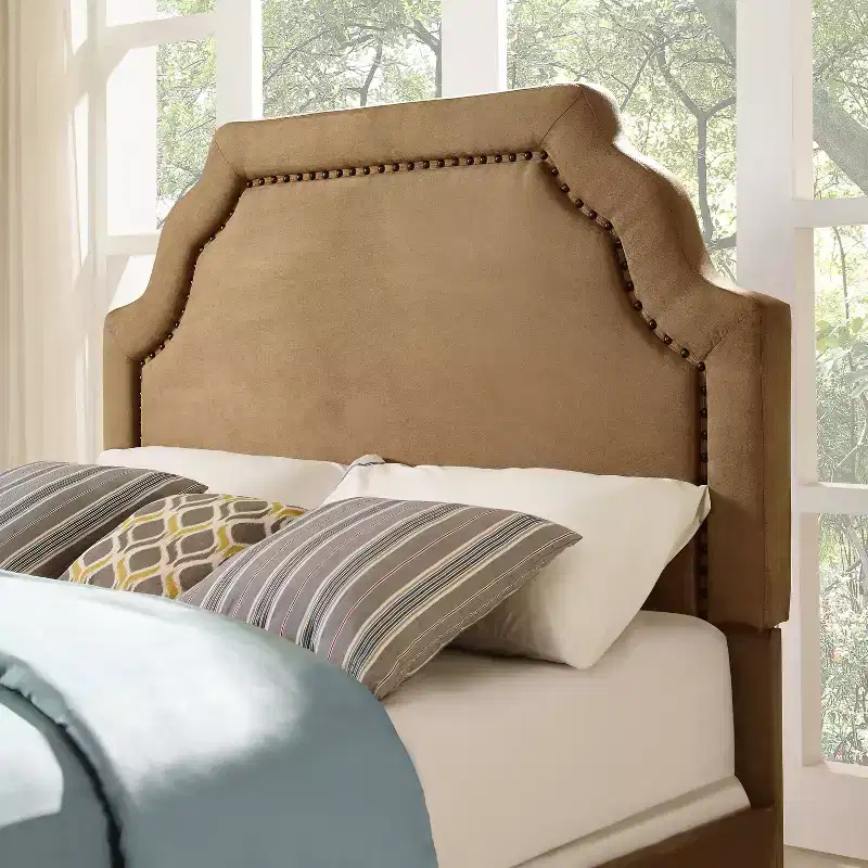 King/California King Upholstered Keystone Headboard with Antique Brass Nailhead Trim