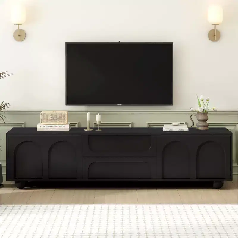 CLIHOME Minimalist TV Stand for TVs up to 75, Media Console with Rebound Device, Entertainment Center with with Arched Doors & 2 Drawers