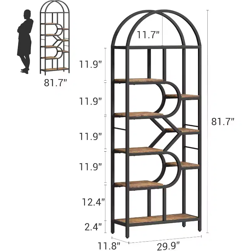 6-Tier Arched Bookcase, Brown / Gold, Industrial Style, Single-User
