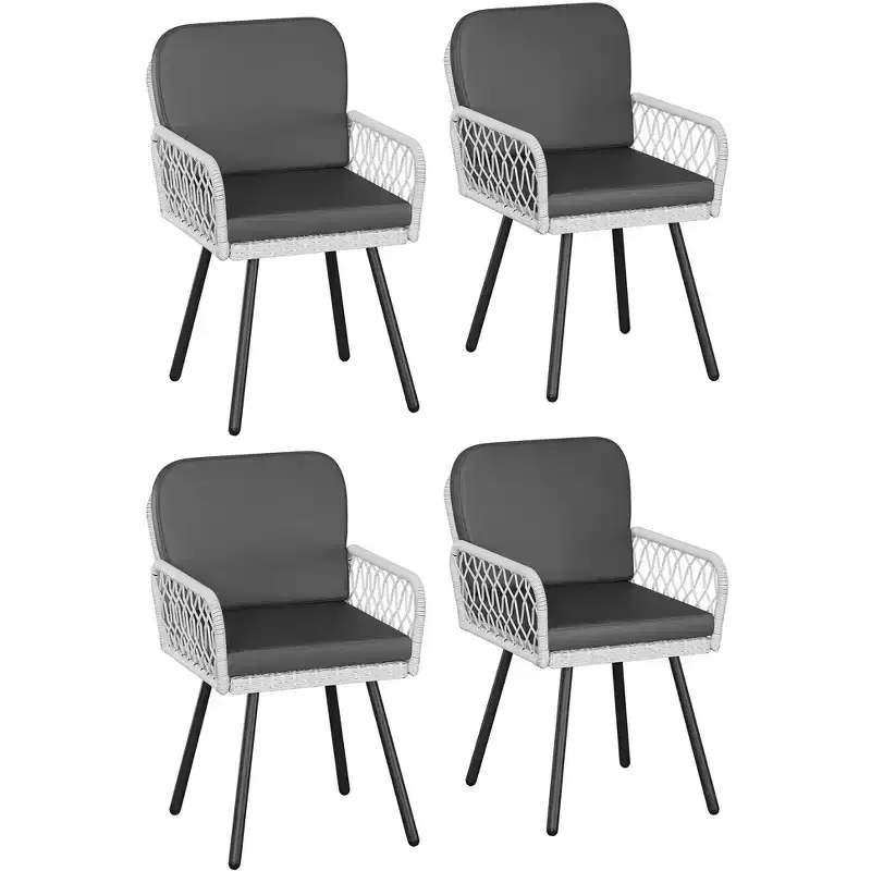 4 PCS Patio Chairs with Black Metal Frame, White Hand-Woven Rattan, and Cushions for Garden, Balcony, Patio, Backyard