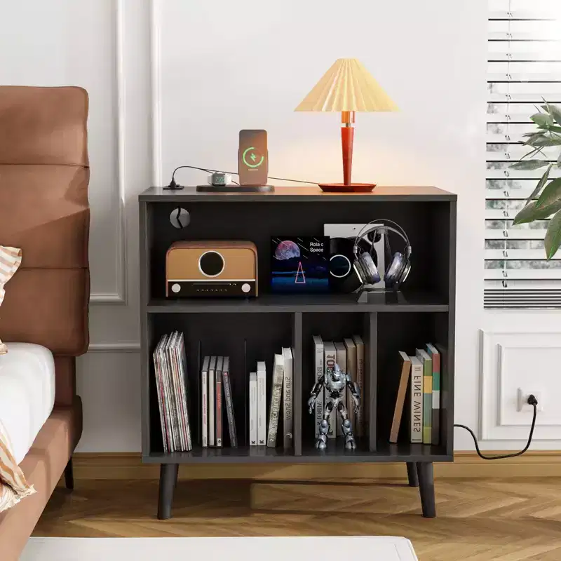 Karl Home Large Record Player Stand Storage with LED Lights  Charging Station
