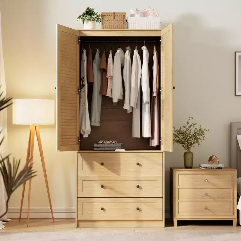69.5 Wooden Wardrobe Armoire with 2 Louvered Doors, Freestanding Closet with Hanging Rod & Large Storage Cabinet for Bedroom, Natural