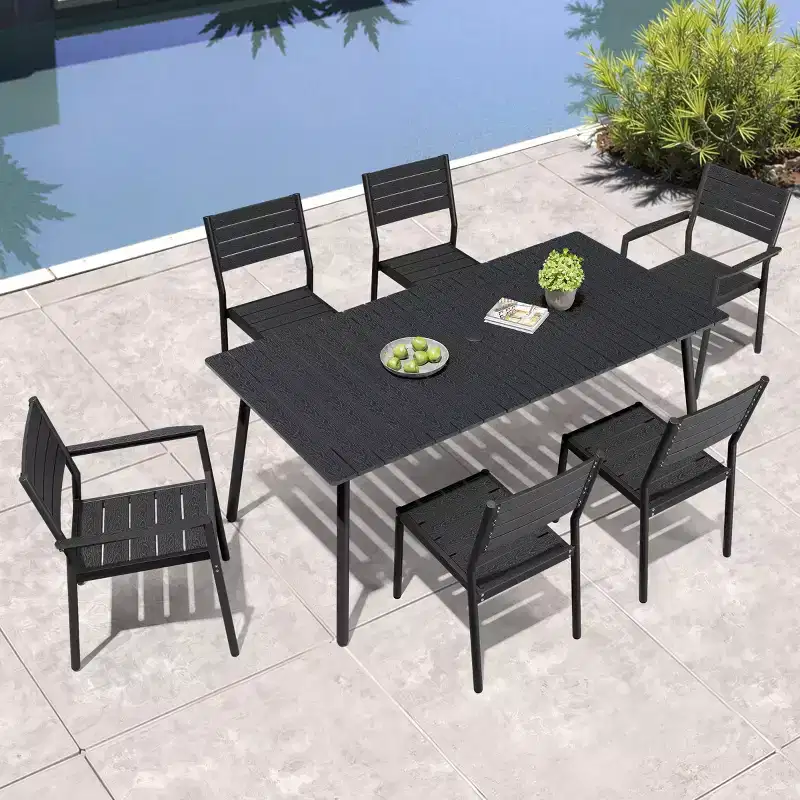 Crestlive Products 7pc Aluminum Patio Dinning Set 72in Table and 6 Chairs Plastic Wood Top with Umbrella Hole for Outdoor Pool Lawn
