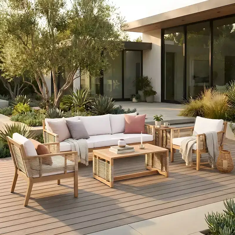 GDFStudio Brynn Patio 5 Piece Acacia Wood Seating Set with Rope Weave Design