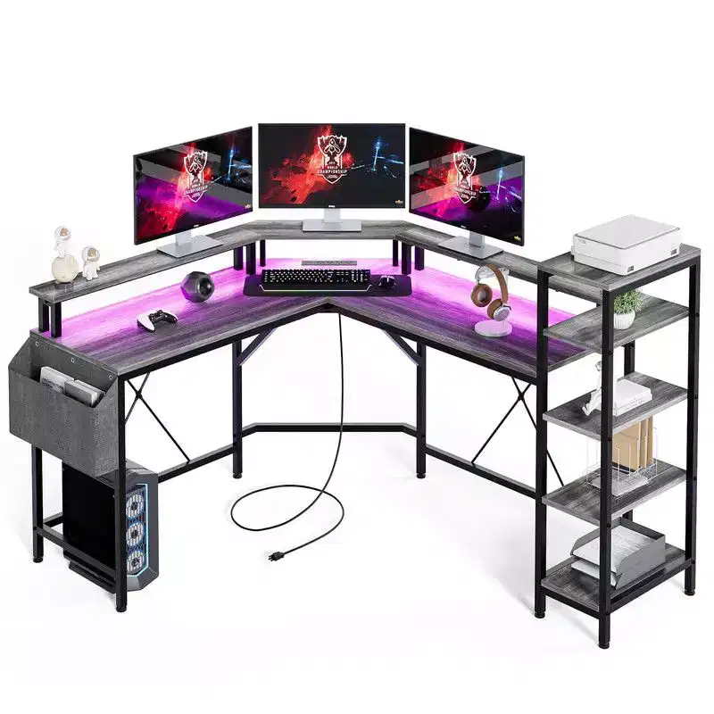 61 l-Shaped Gaming Desk, Ergonomic Computer Desk, with 5-Tier Shelves, LED, Power Outlet & Storage Bag
