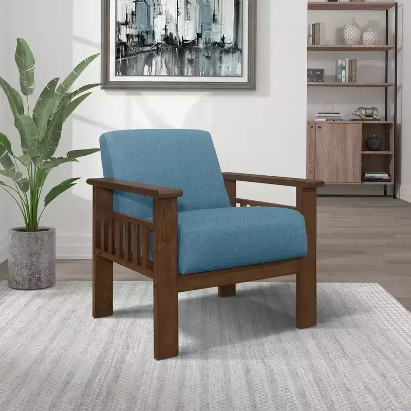 Okak Accent Chair 1pc Living Room Chair with Fabric Upholstered Walnut Finish Wood Armchair Reading Leisure Chair with Padded Seat and Back