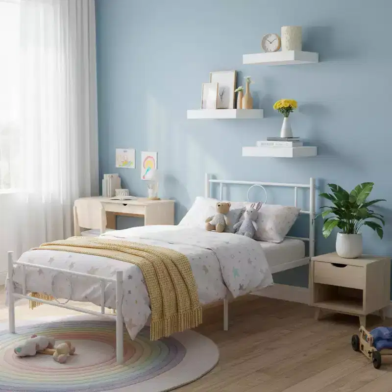Metal Twin Bed Frame with Headboard + 3 Floating Wall Shelves Sturdy Steel Platform Bed Set with Storage Space No Box Spring Needed