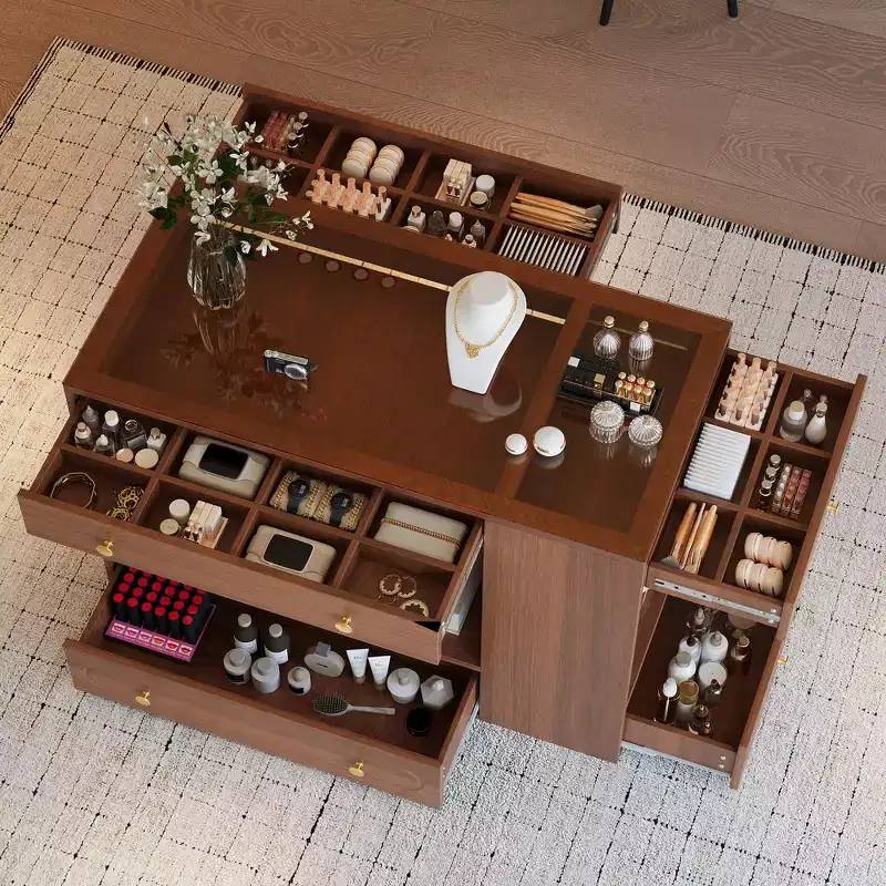 Whisen Closet Island with 6 Drawers, Glass Display Top and Open Shelves, Compartments